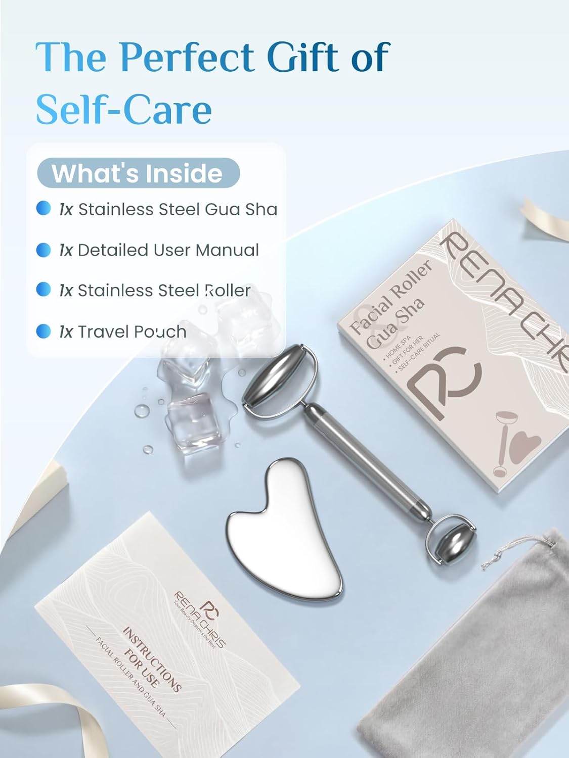 Dluxe Ave. Rena Chris Face Roller & Gua Sha Set Stainless Steel Massage Tools for Jawline Sculpting and Puffiness Reducing Beauty & Skincare