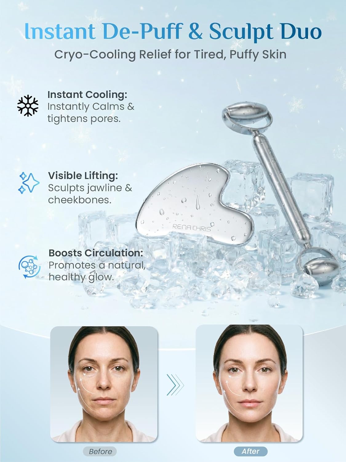 Dluxe Ave. Rena Chris Face Roller & Gua Sha Set Stainless Steel Massage Tools for Jawline Sculpting and Puffiness Reducing Beauty & Skincare