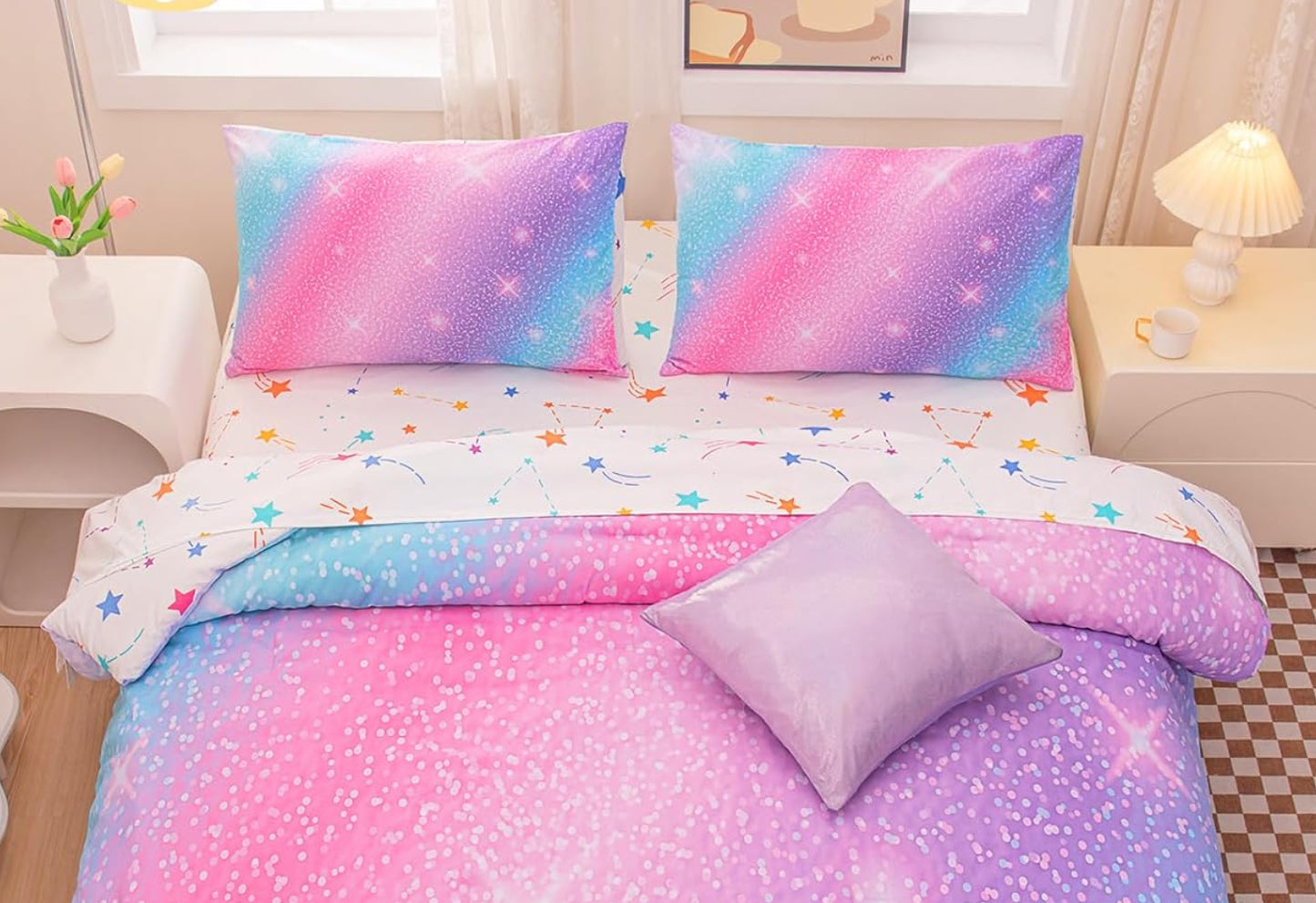 Dluxe Ave. ( TWIN ) 6 Pcs Comforter and  Bedding Set/ Pink Purple & Blue