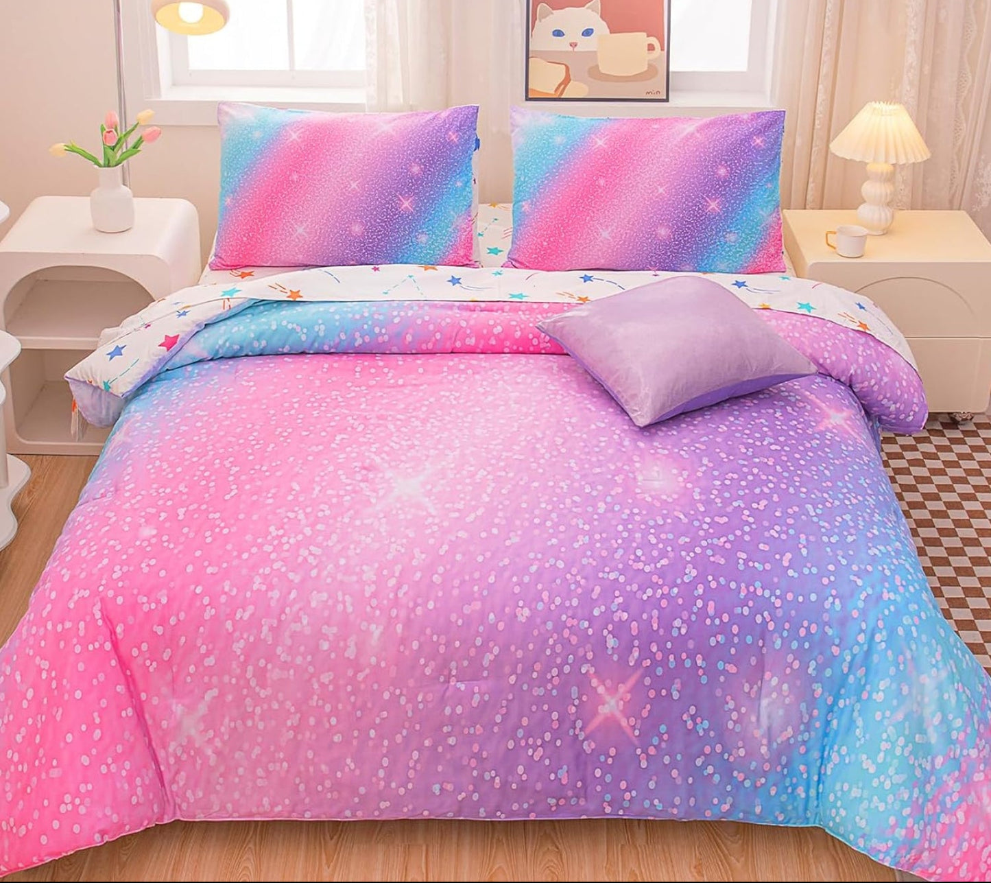 Dluxe Ave. ( TWIN ) 6 Pcs Comforter and  Bedding Set/ Pink Purple & Blue