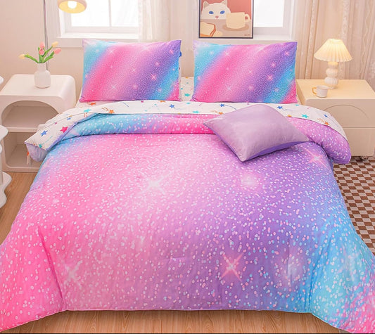 Dluxe Ave. ( TWIN ) 6 Pcs Comforter and  Bedding Set/ Pink Purple & Blue