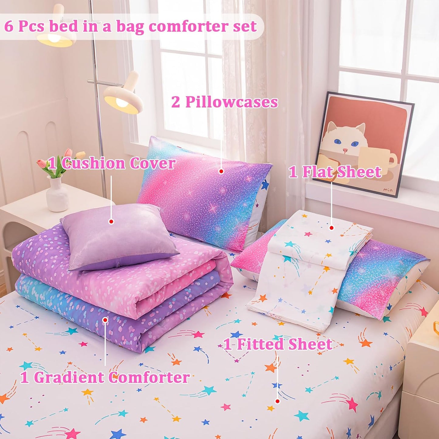 Dluxe Ave. ( TWIN ) 6 Pcs Comforter and  Bedding Set/ Pink Purple & Blue