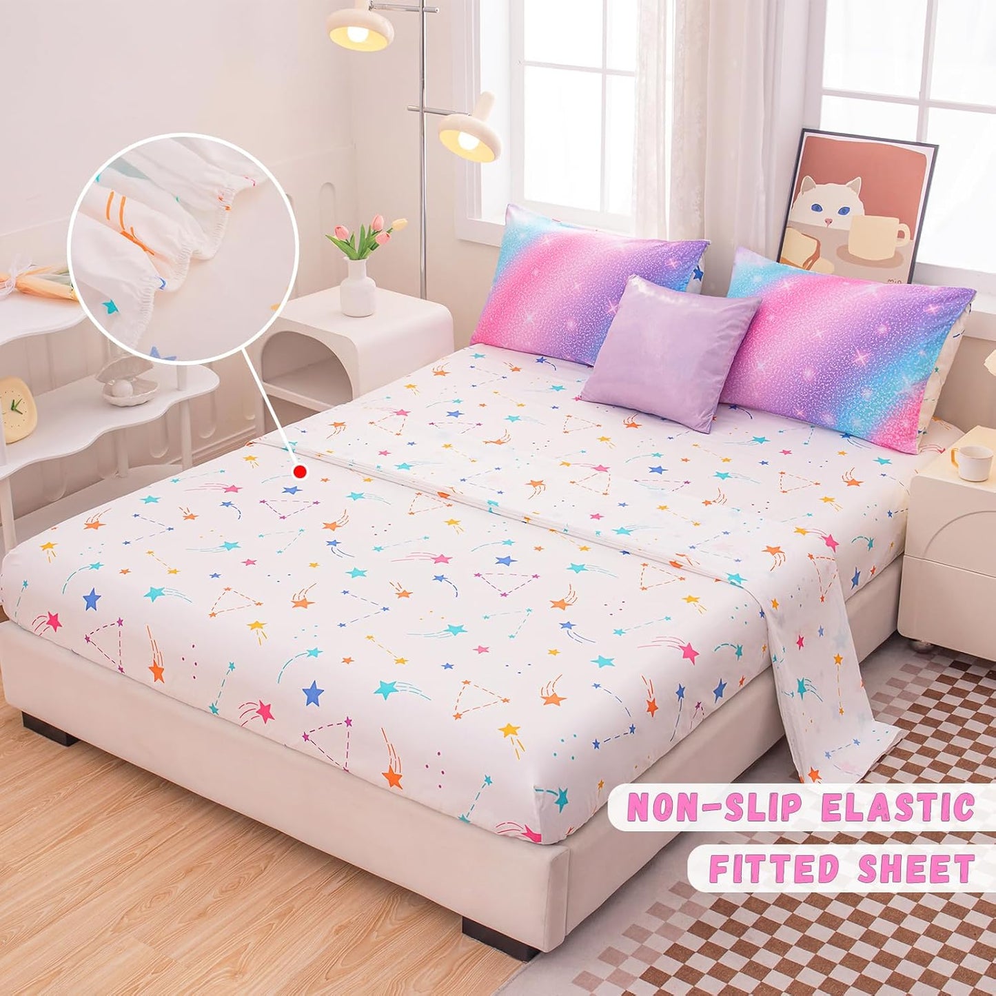 Dluxe Ave. ( TWIN ) 6 Pcs Comforter and  Bedding Set/ Pink Purple & Blue