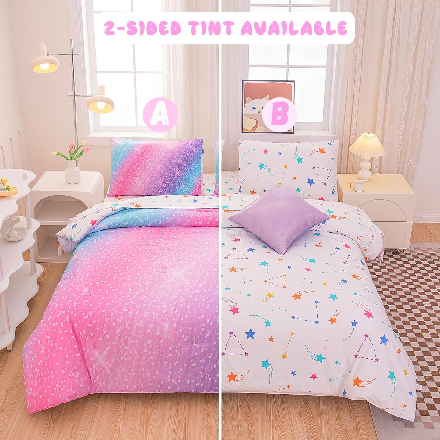 Dluxe Ave. ( TWIN ) 6 Pcs Comforter and  Bedding Set/ Pink Purple & Blue