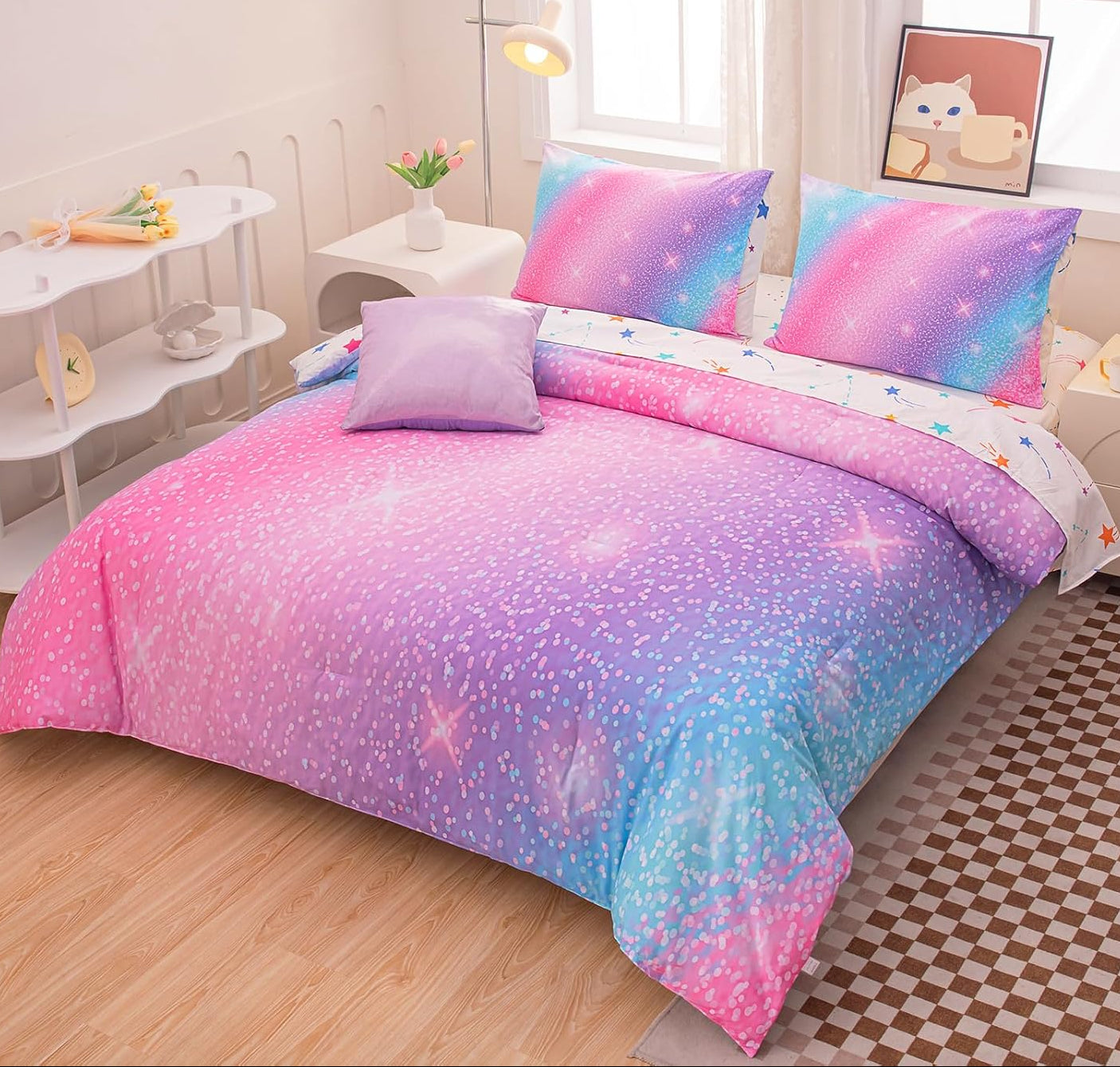 Dluxe Ave. ( TWIN ) 6 Pcs Comforter and  Bedding Set/ Pink Purple & Blue