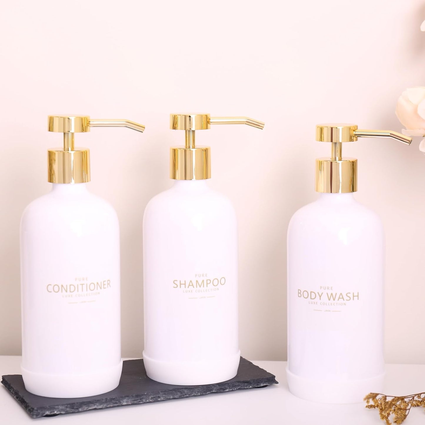 Dluxe Ave. Janxin Shampoo and Conditioner Dispenser Set of 3Refillable 21oz Shampoo Bottles with Non-Slip Protective Silicone PadShower Soap Dispenser with Waterproof Labels for Bathroom (White)