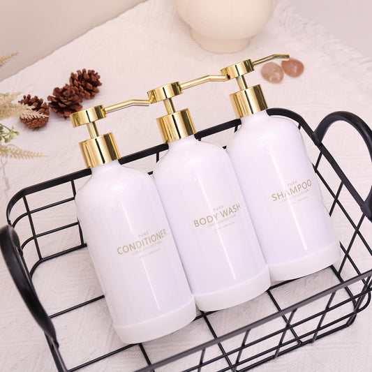 Dluxe Ave. Janxin Shampoo and Conditioner Dispenser Set of 3Refillable 21oz Shampoo Bottles with Non-Slip Protective Silicone PadShower Soap Dispenser with Waterproof Labels for Bathroom (White)