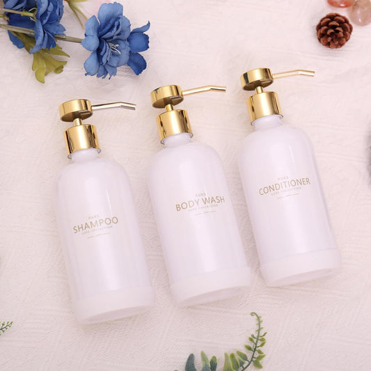 Dluxe Ave. Janxin Shampoo and Conditioner Dispenser Set of 3Refillable 21oz Shampoo Bottles with Non-Slip Protective Silicone PadShower Soap Dispenser with Waterproof Labels for Bathroom (White)