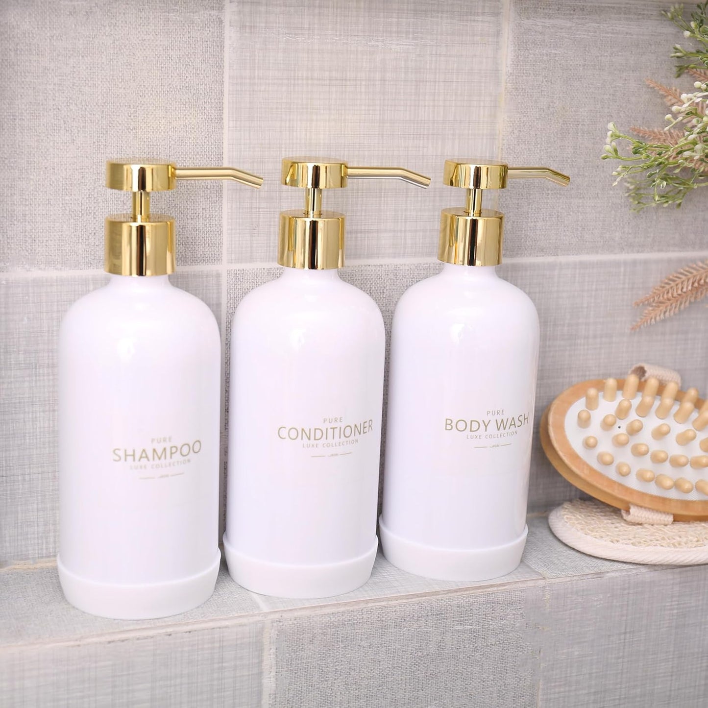 Dluxe Ave. Janxin Shampoo and Conditioner Dispenser Set of 3Refillable 21oz Shampoo Bottles with Non-Slip Protective Silicone PadShower Soap Dispenser with Waterproof Labels for Bathroom (White)