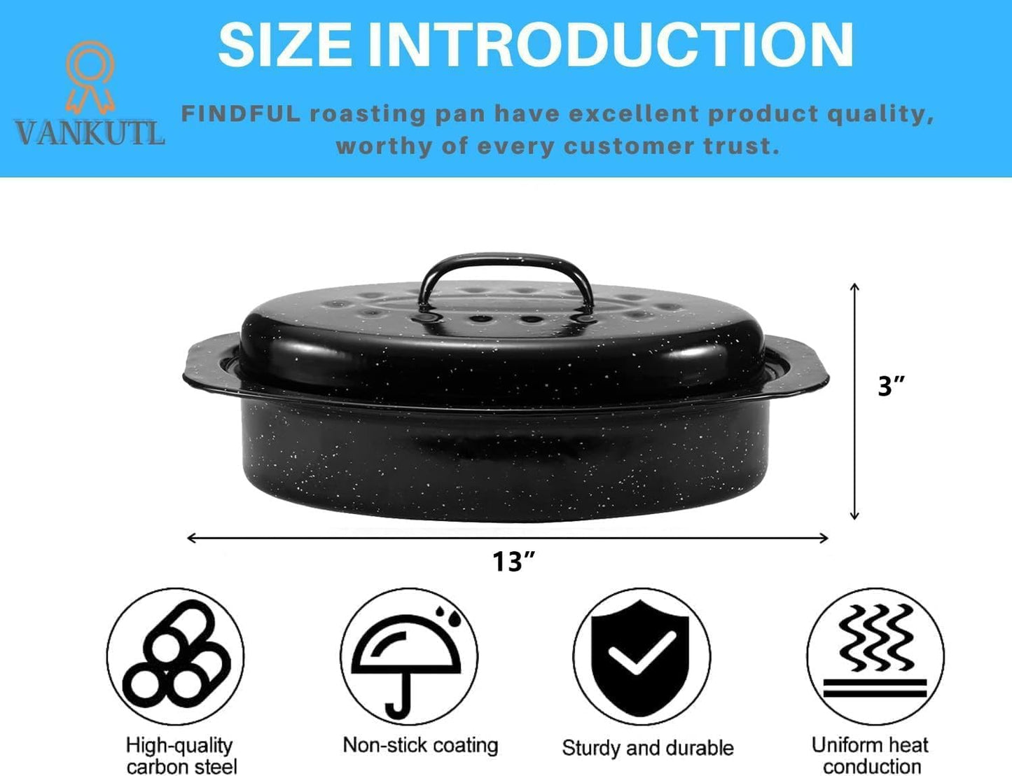 Dluxe Ave. 13 Inch Small Roasting Pan with Lid, Oval Roaster, Enamel Carbon Steel