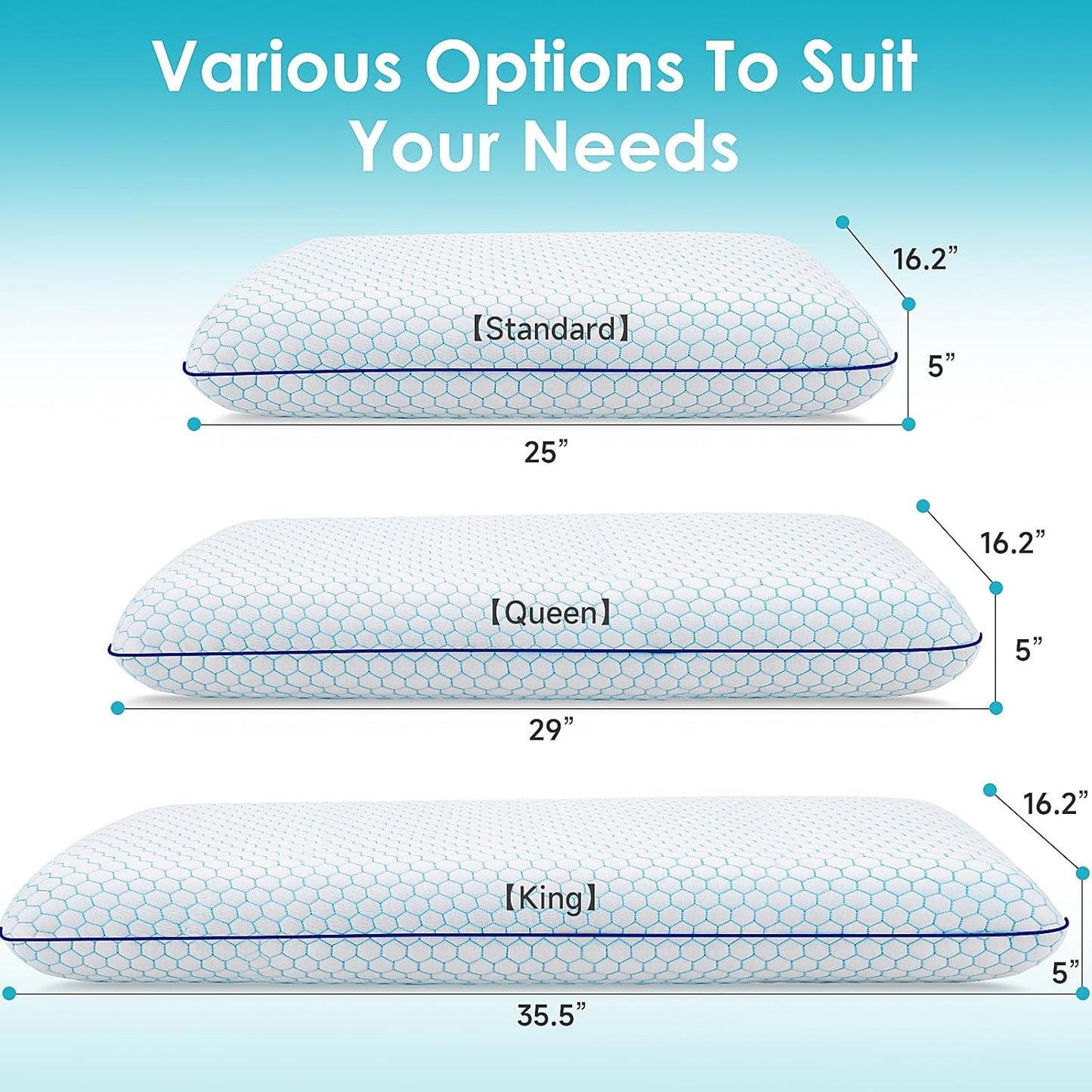 Dluxe Ave.  ( KING ) Memory Foam Pillows for Side Back and Stomach, {SOFT SUPPORT} Blue, Luxury Hotel Quality
