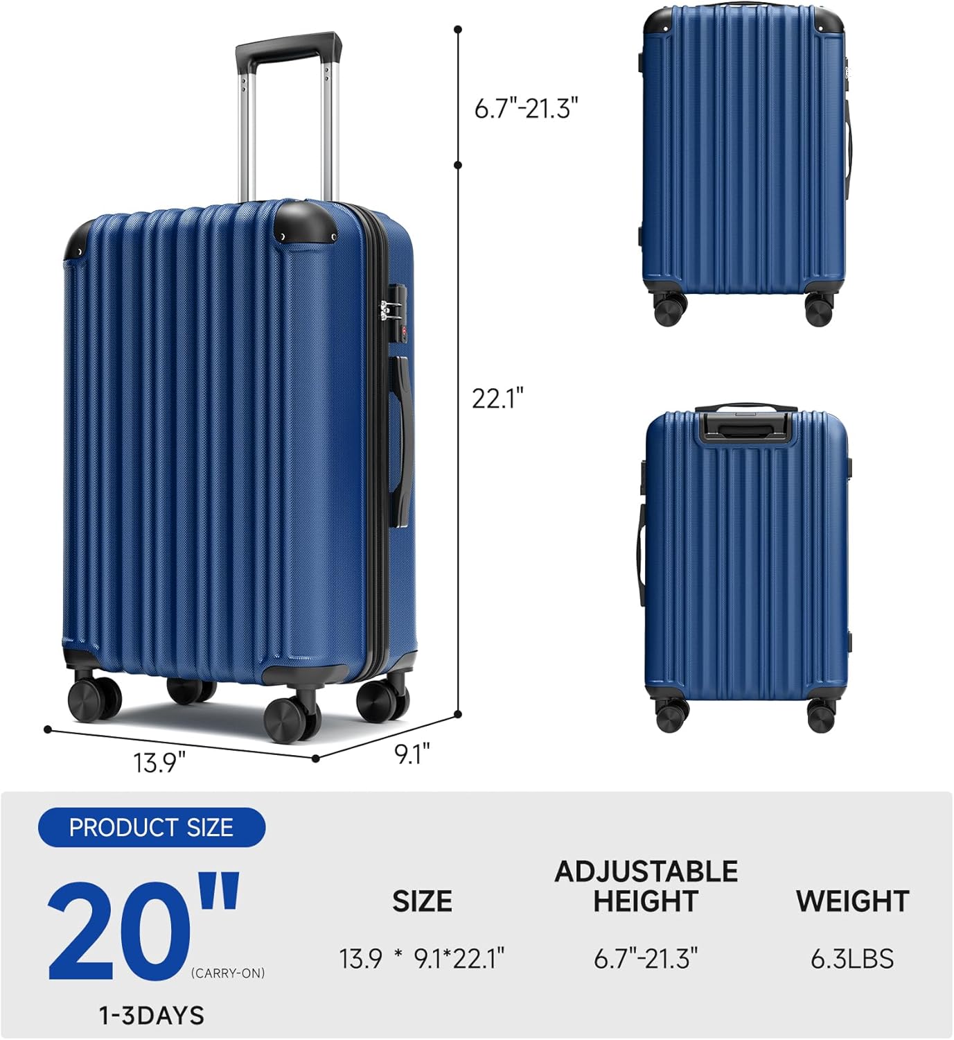 Dluxe Ave. 20inch Expandable Carry on Luggage/ Airline Approved Hard Shell/ Spinner Suitcase with Wheels for Business/Travel (Dark Blue)