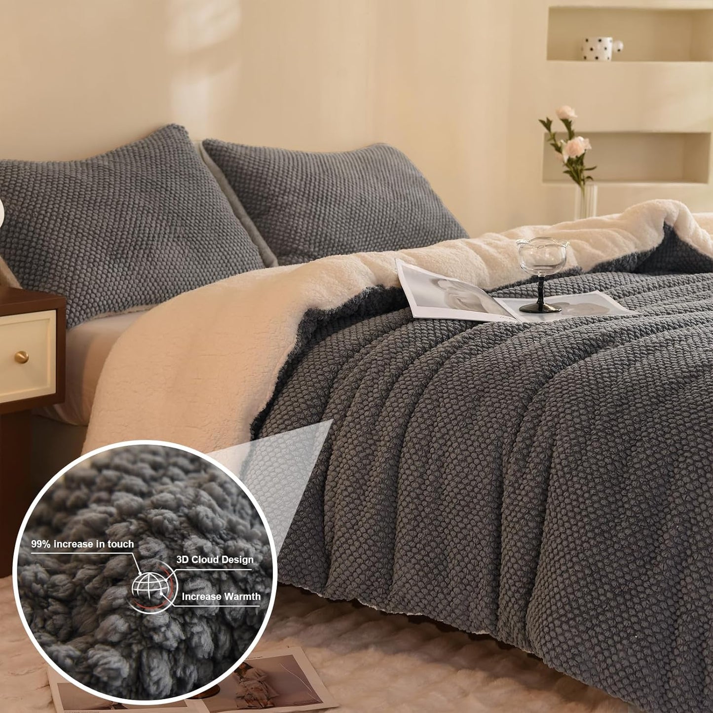 Dluxe Ave. ( KING ) 3 Pcs Jacquard Design Comforter Set, Ultra-Soft, Sherpa Fur Plush, Luxury Cozy Bedding, 104"x90" Grey