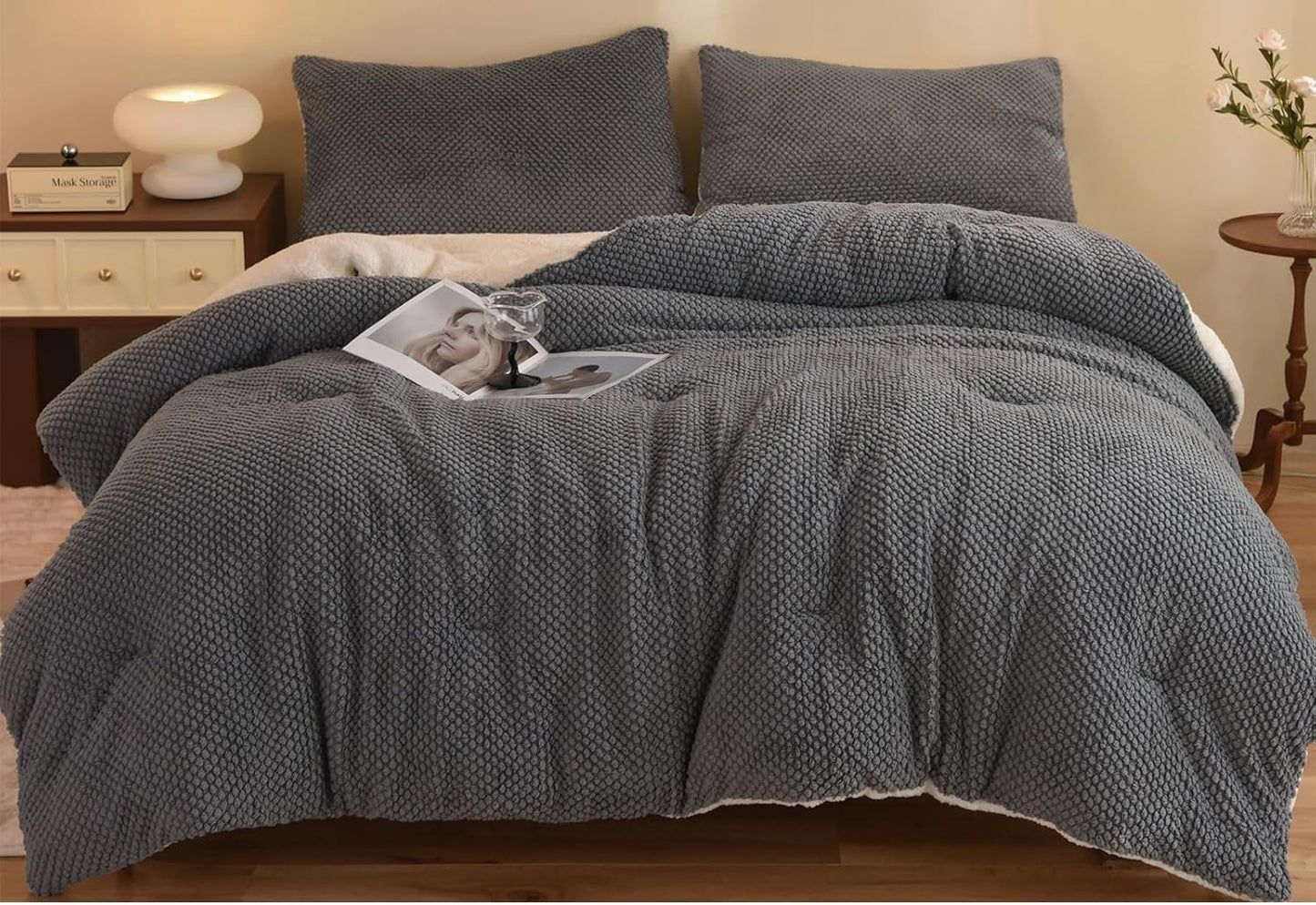 Dluxe Ave. ( KING ) 3 Pcs Jacquard Design Comforter Set, Ultra-Soft, Sherpa Fur Plush, Luxury Cozy Bedding, 104"x90" Grey