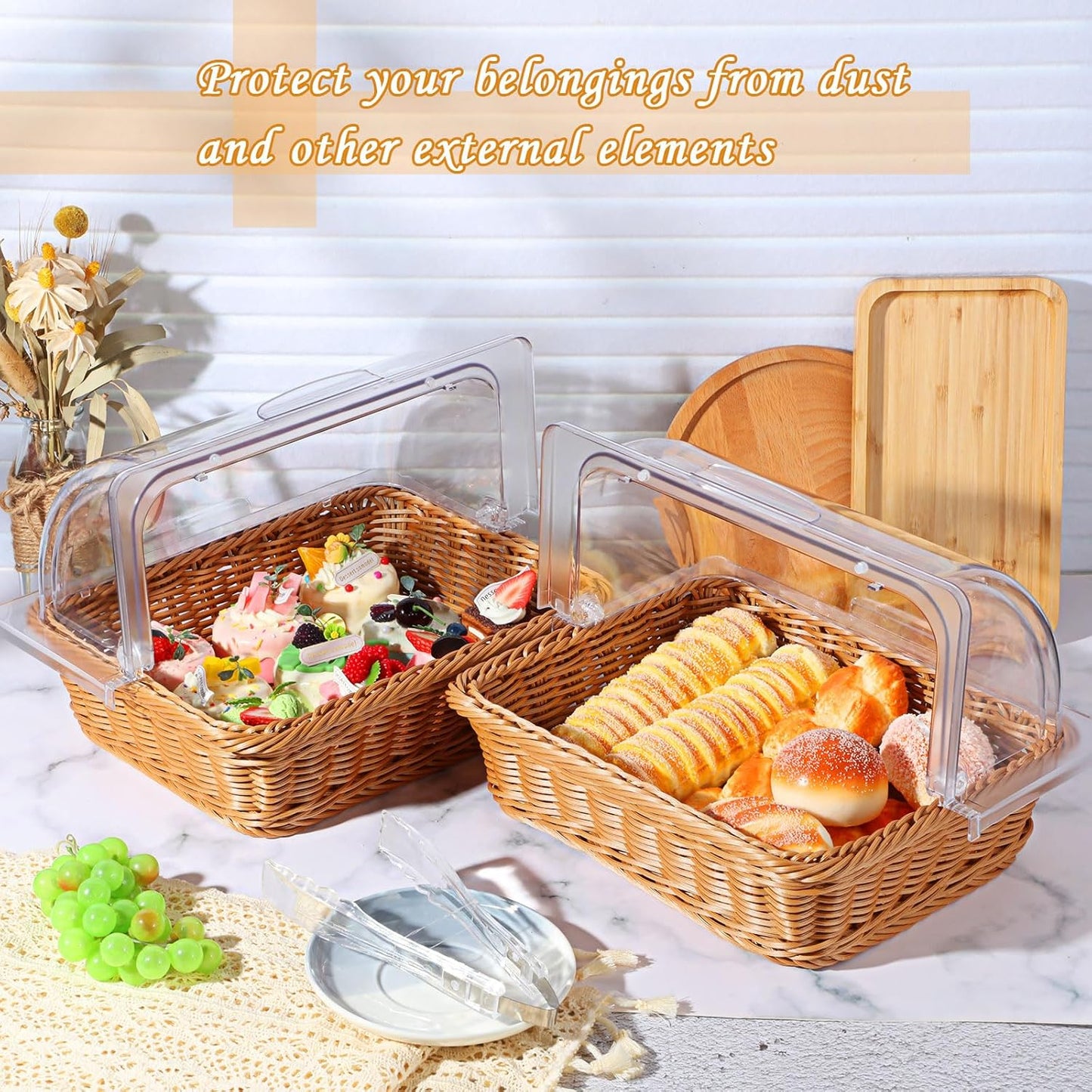 Dluxe Ave. 2 Sets Bread Baskets with Acrylic Lids and Kitchen Serving Tongs (13.78 x 10.63 Inch)