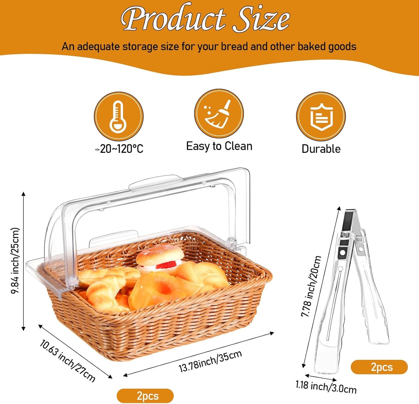 Dluxe Ave. 2 Sets Bread Baskets with Acrylic Lids and Kitchen Serving Tongs (13.78 x 10.63 Inch)