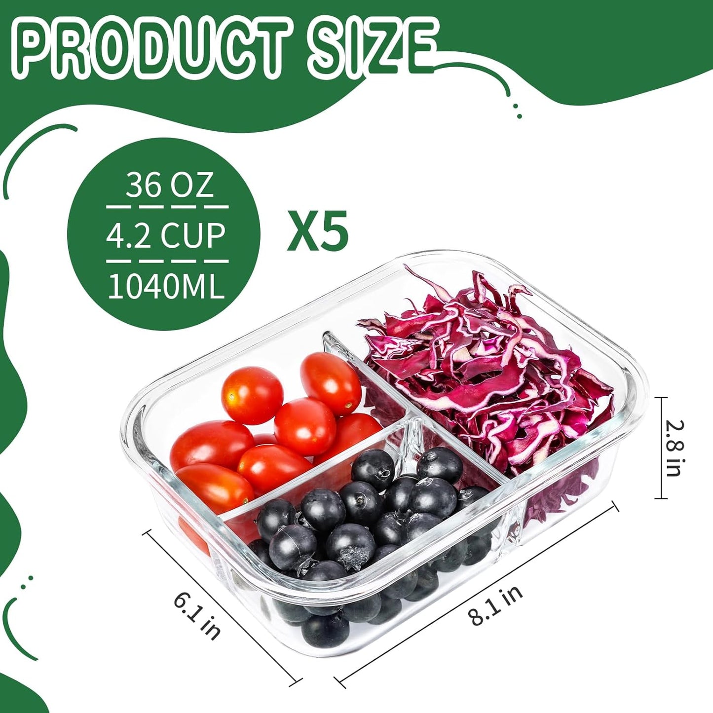 Dluxe Ave. 5-Packs 36OZ Glass Airtight Food Storage Containers/ 3 Compartments/ BPA Free