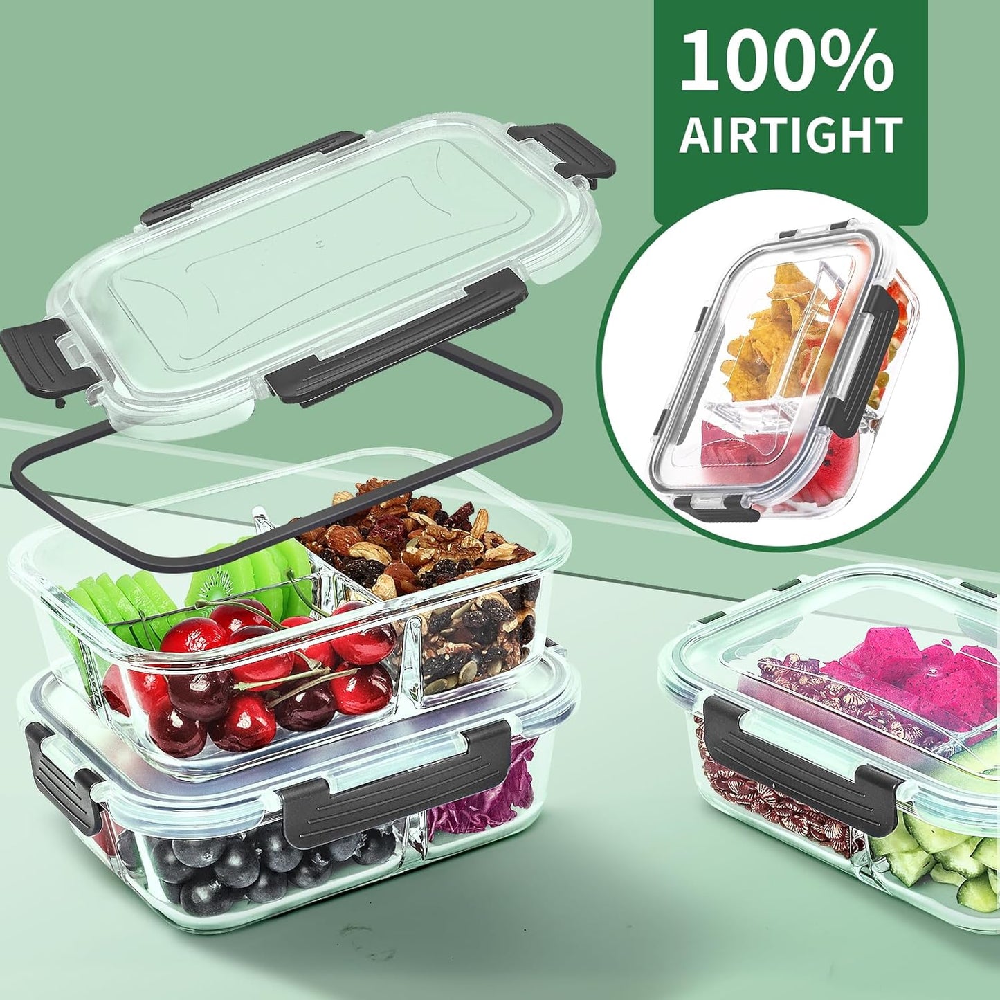 Dluxe Ave. 5-Packs 36OZ Glass Airtight Food Storage Containers/ 3 Compartments/ BPA Free