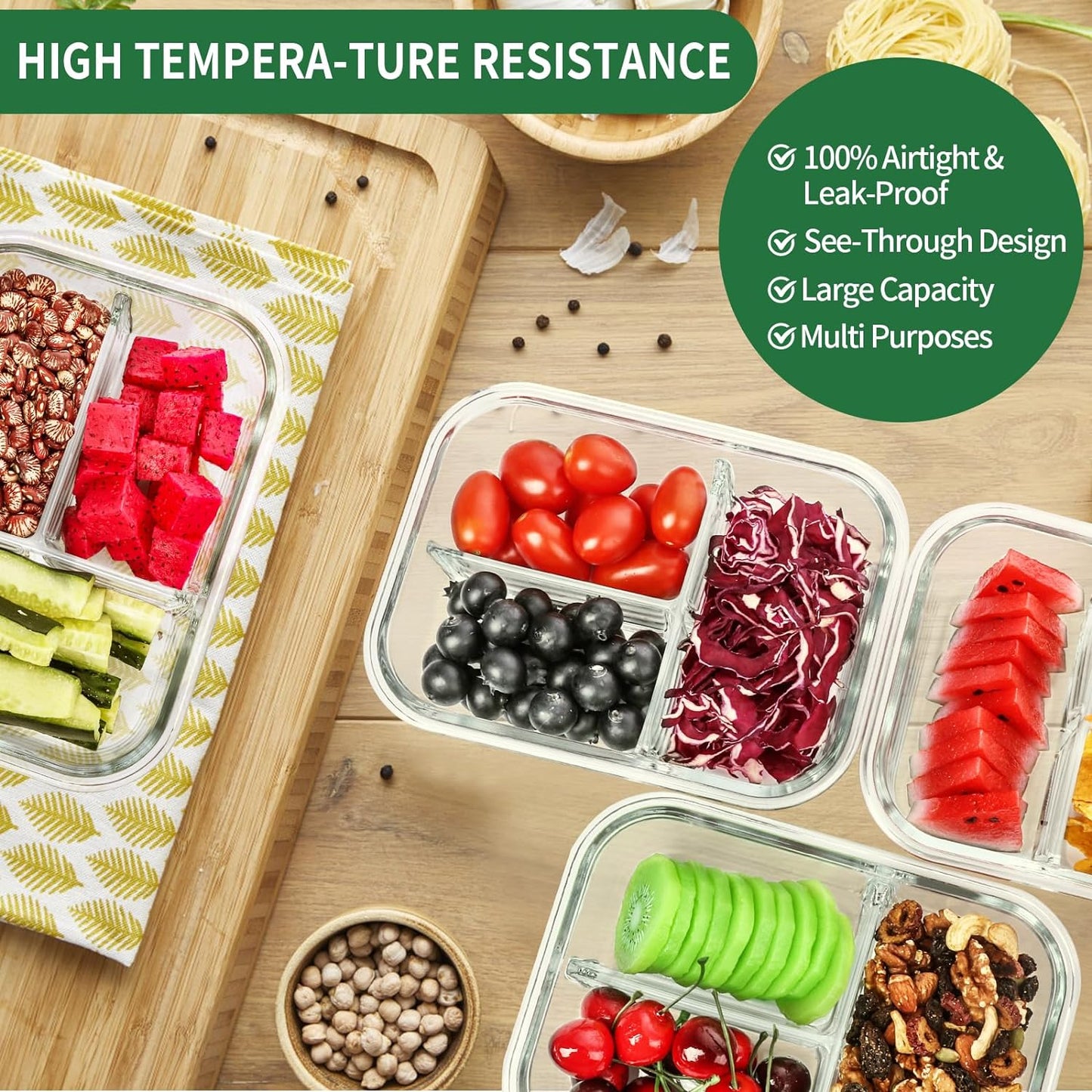 Dluxe Ave. 5-Packs 36OZ Glass Airtight Food Storage Containers/ 3 Compartments/ BPA Free