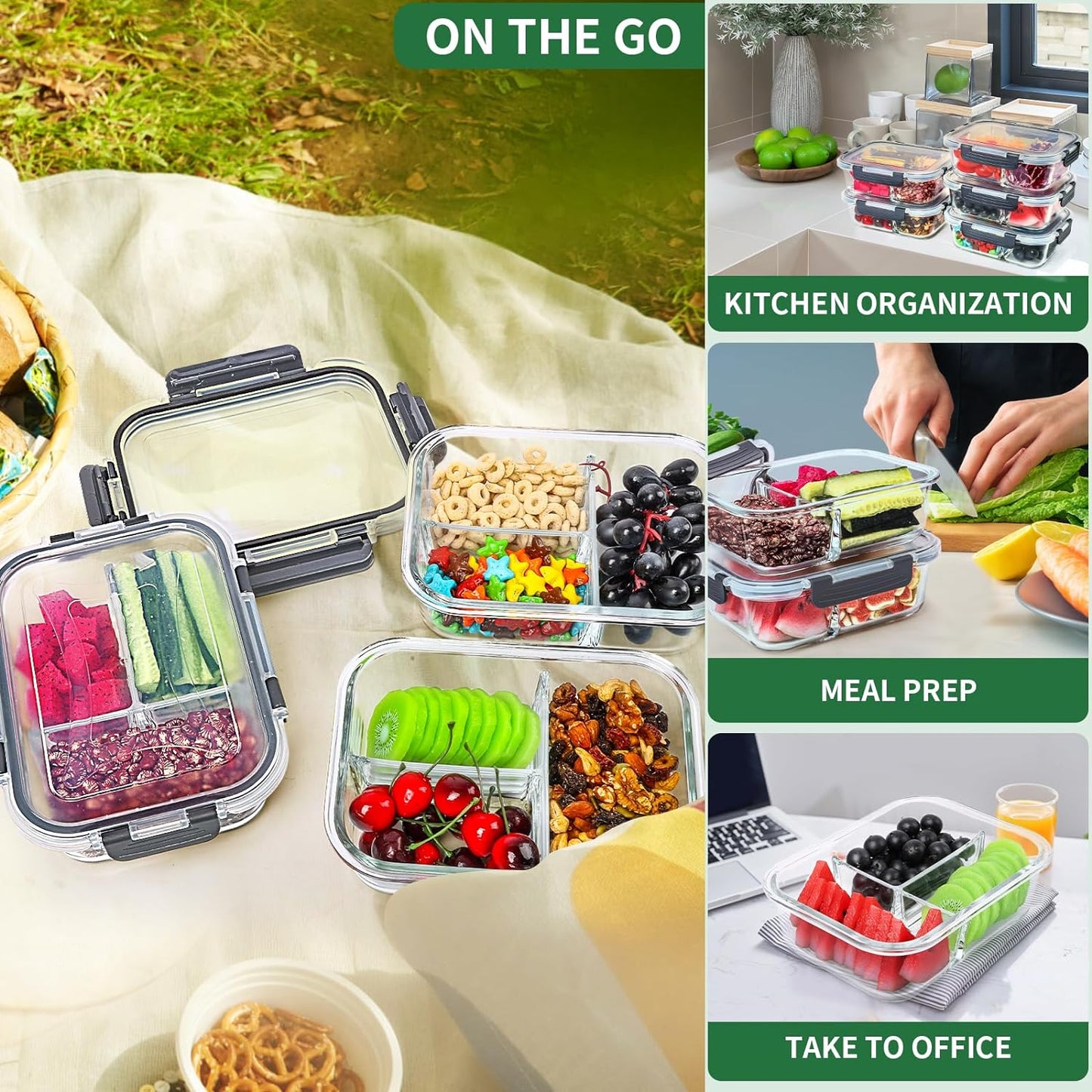 Dluxe Ave. 5-Packs 36OZ Glass Airtight Food Storage Containers/ 3 Compartments/ BPA Free