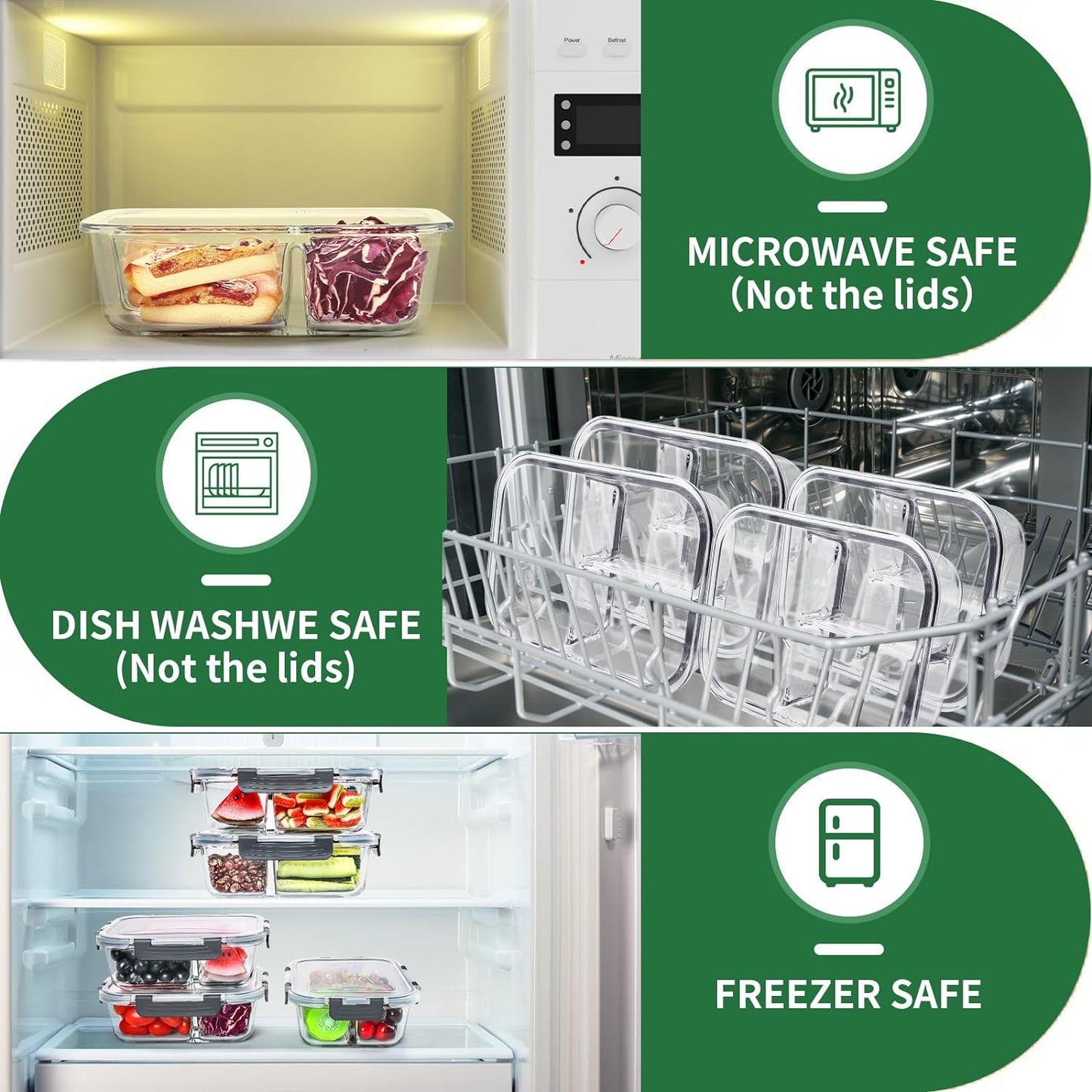 Dluxe Ave. 5-Packs 36OZ Glass Airtight Food Storage Containers/ 3 Compartments/ BPA Free