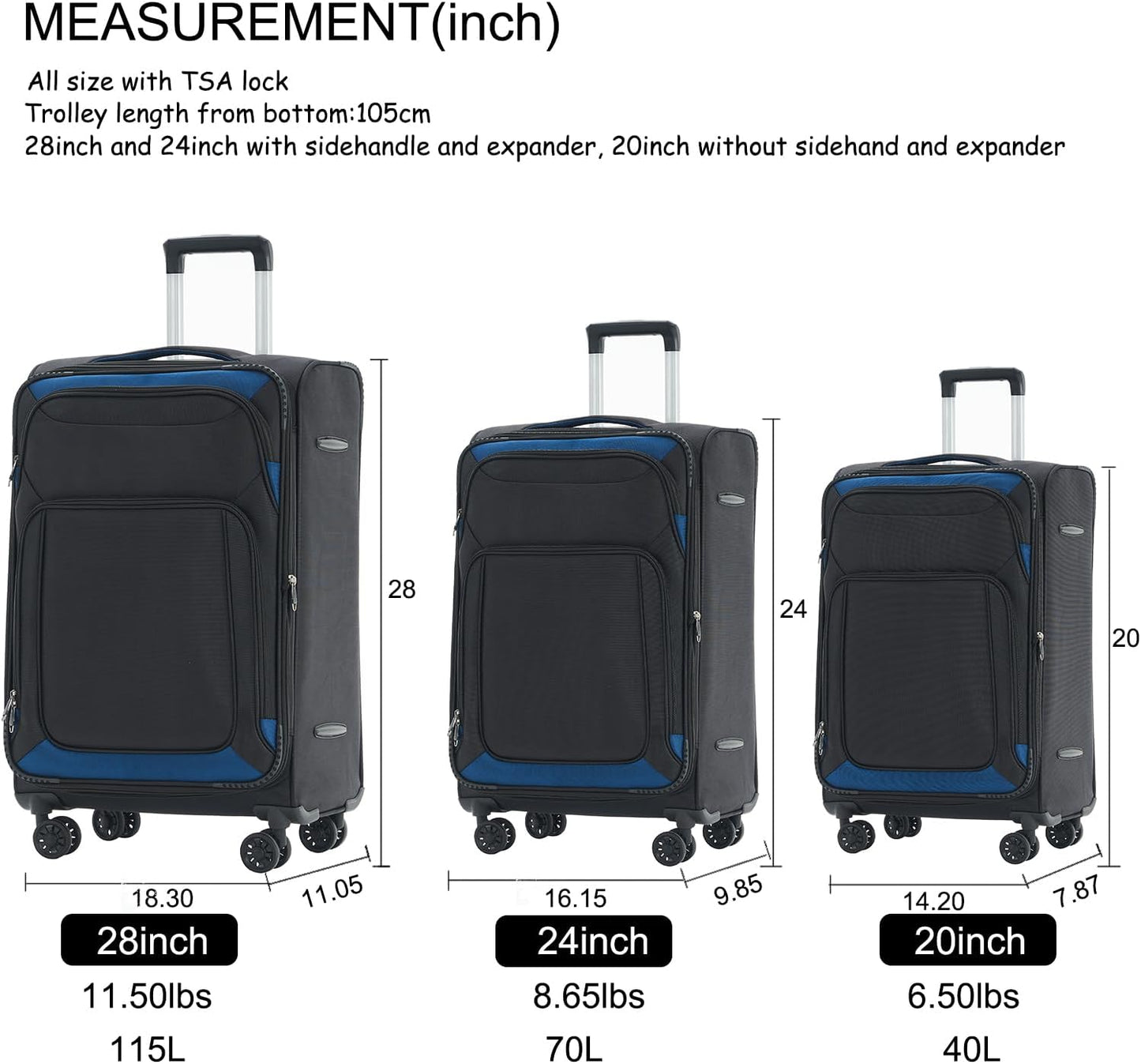 Dluxe Ave. 3 Pcs Softside Luggage Sets/Spinner Wheels/Lightweight Suitcase With Expandable/ TSA Lock/  (Black Blue)