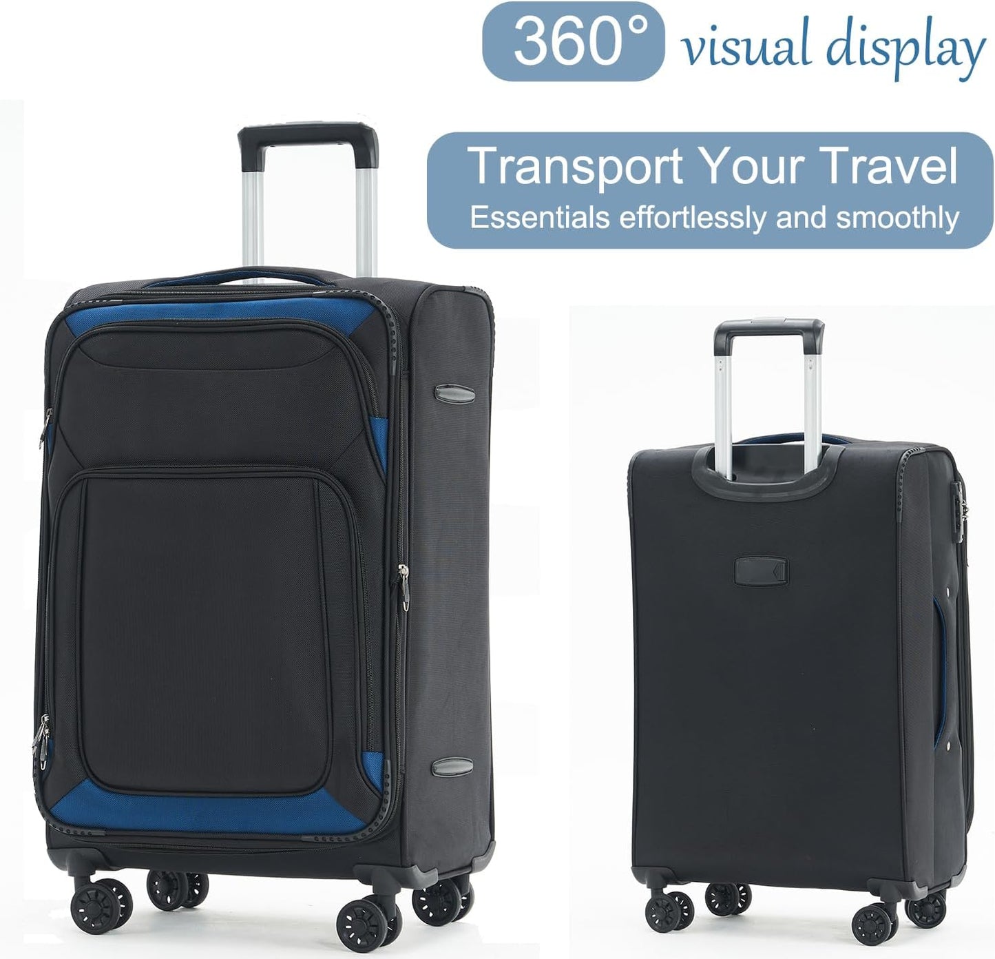 Dluxe Ave. 3 Pcs Softside Luggage Sets/Spinner Wheels/Lightweight Suitcase With Expandable/ TSA Lock/  (Black Blue)