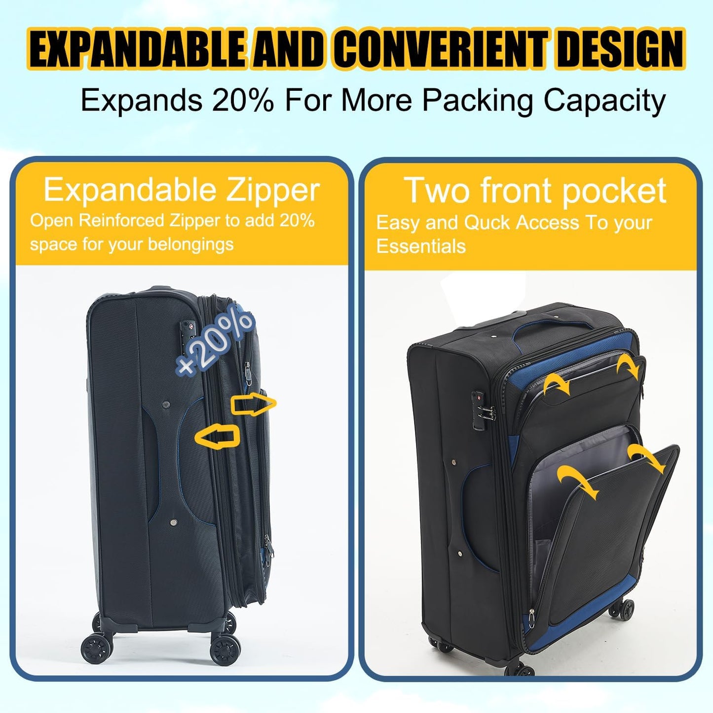 Dluxe Ave. 3 Pcs Softside Luggage Sets/Spinner Wheels/Lightweight Suitcase With Expandable/ TSA Lock/  (Black Blue)