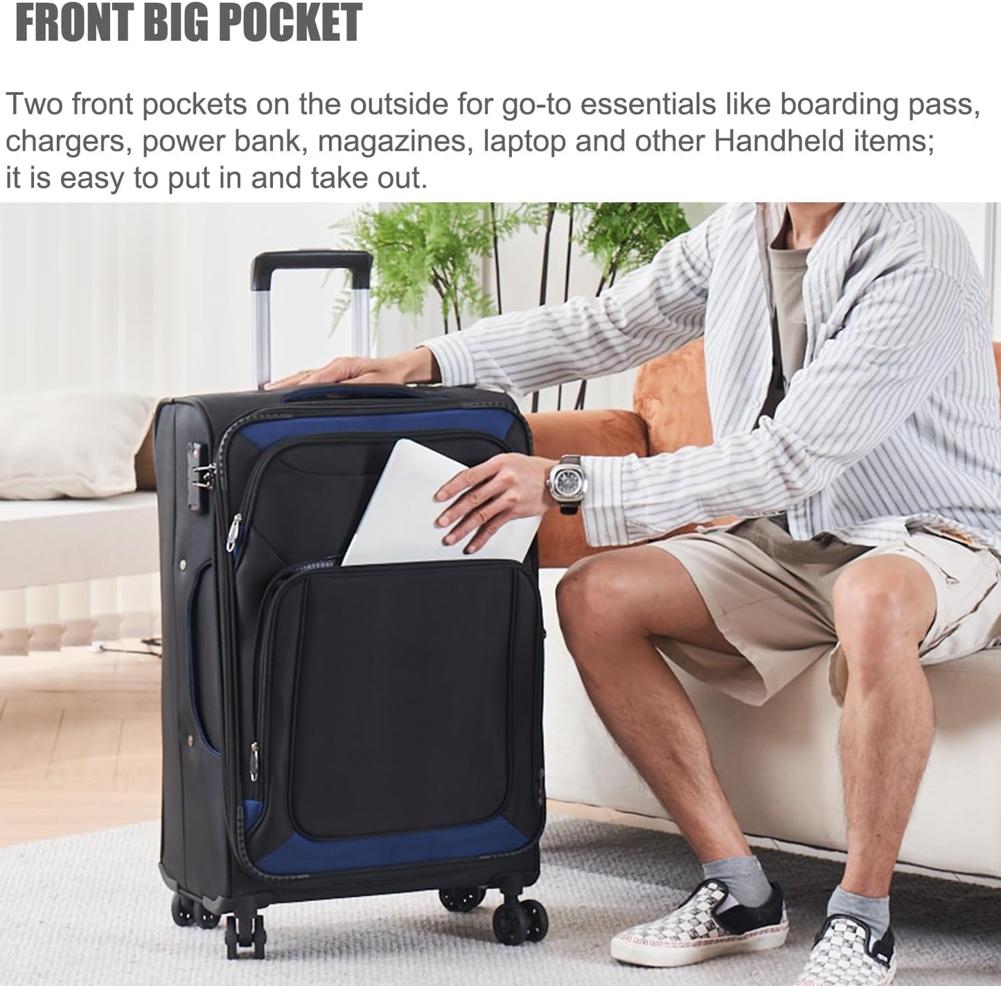 Dluxe Ave. 3 Pcs Softside Luggage Sets/Spinner Wheels/Lightweight Suitcase With Expandable/ TSA Lock/  (Black Blue)