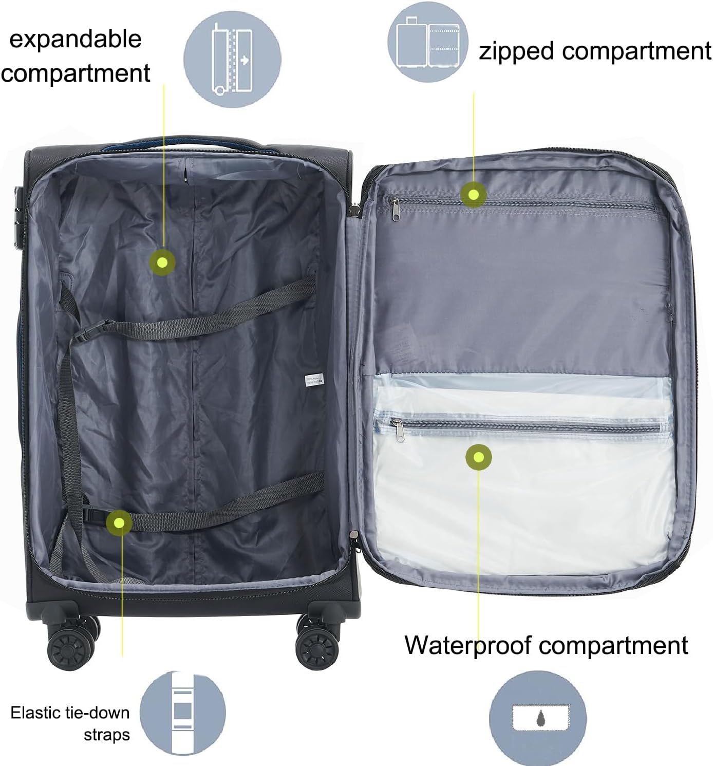 Dluxe Ave. 3 Pcs Softside Luggage Sets/Spinner Wheels/Lightweight Suitcase With Expandable/ TSA Lock/  (Black Blue)