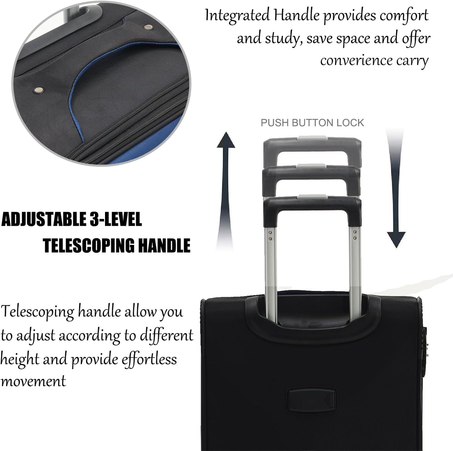 Dluxe Ave. 3 Pcs Softside Luggage Sets/Spinner Wheels/Lightweight Suitcase With Expandable/ TSA Lock/  (Black Blue)