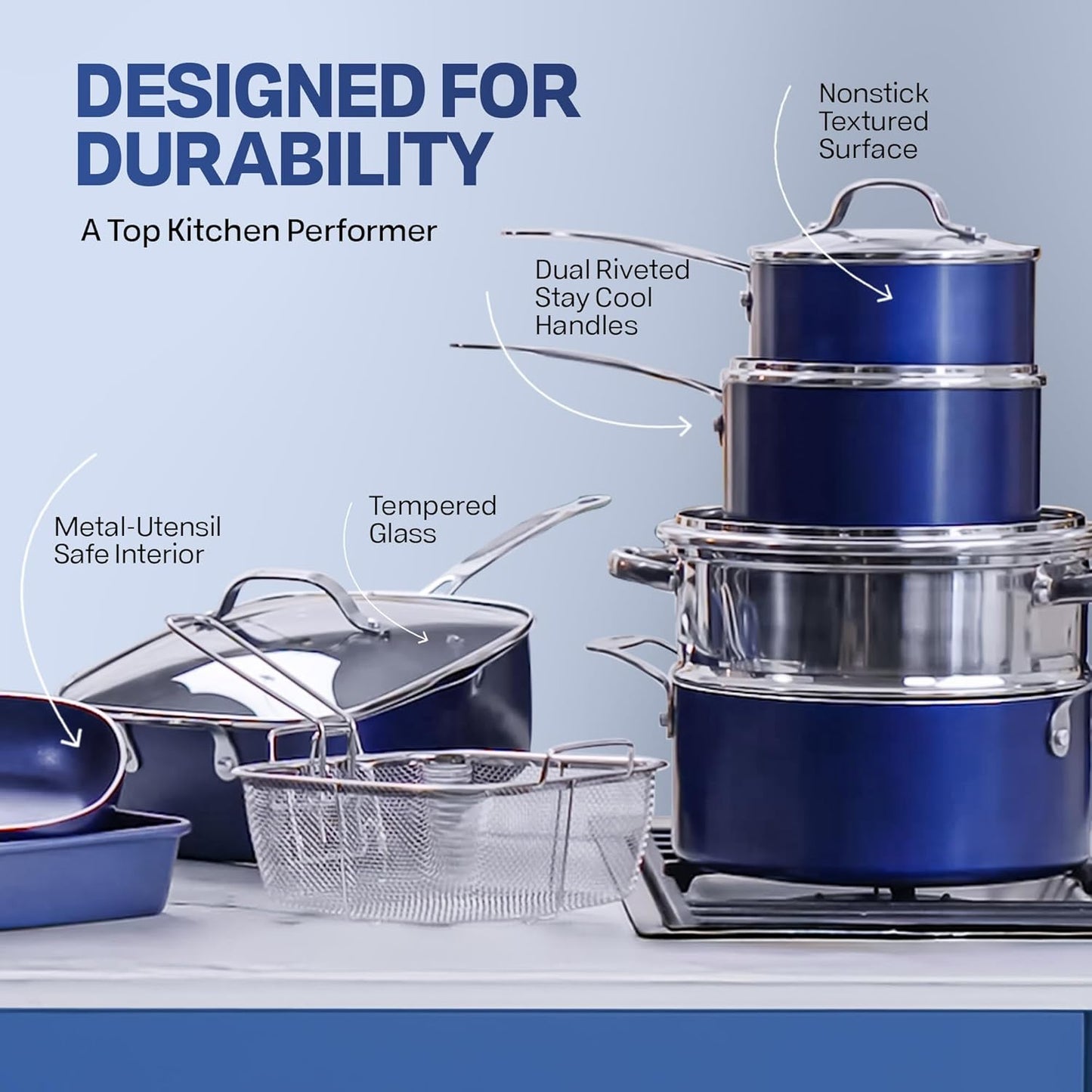 Dluxe Ave. GRANITE STONE Blue 20 Pc Kitchen Pots and Pans Set Non Stick Cookware Set
