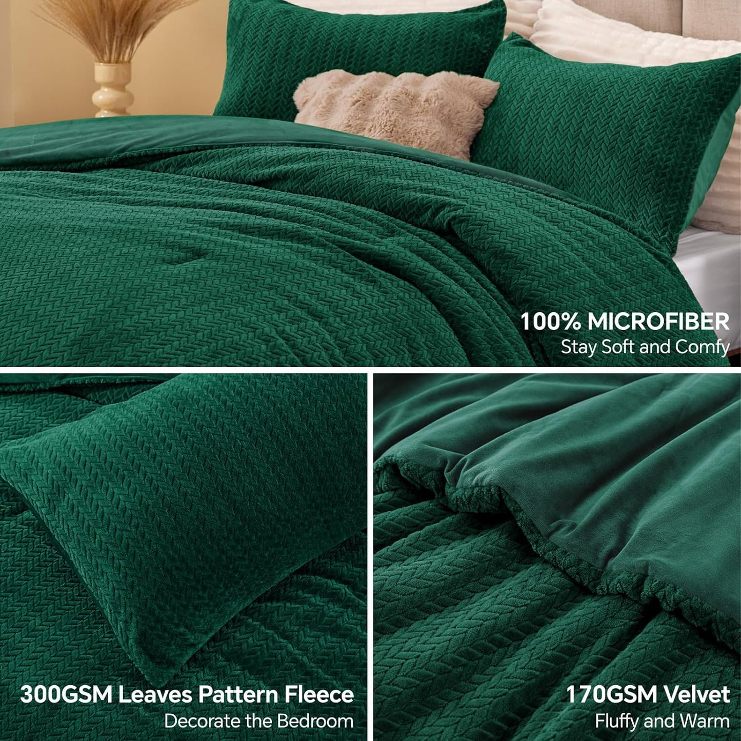 Dluxe Ave. ( FULL ) 3 Pcs Fluffy Comforter Set, Furry Leaves Pattern Faux Fur, Velvet Bedding, Green