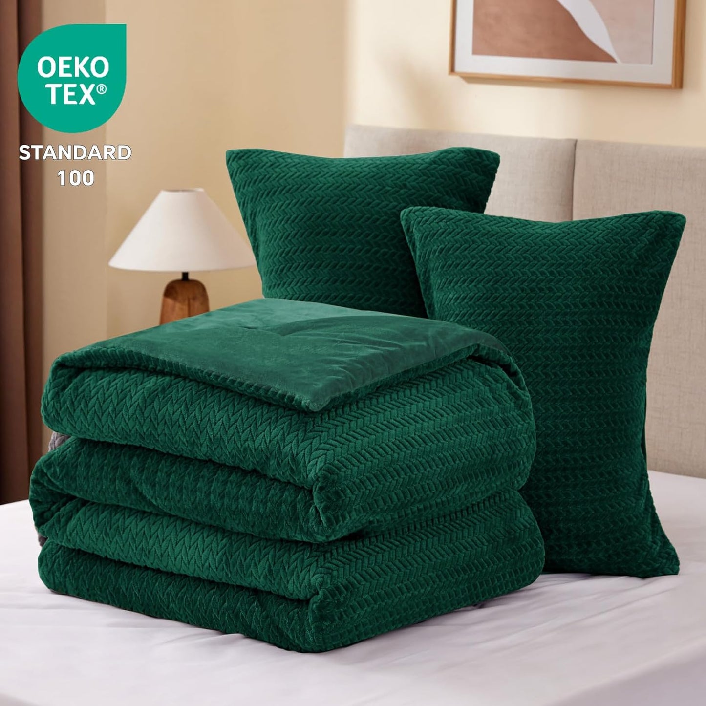 Dluxe Ave. ( FULL ) 3 Pcs Fluffy Comforter Set, Furry Leaves Pattern Faux Fur, Velvet Bedding, Green