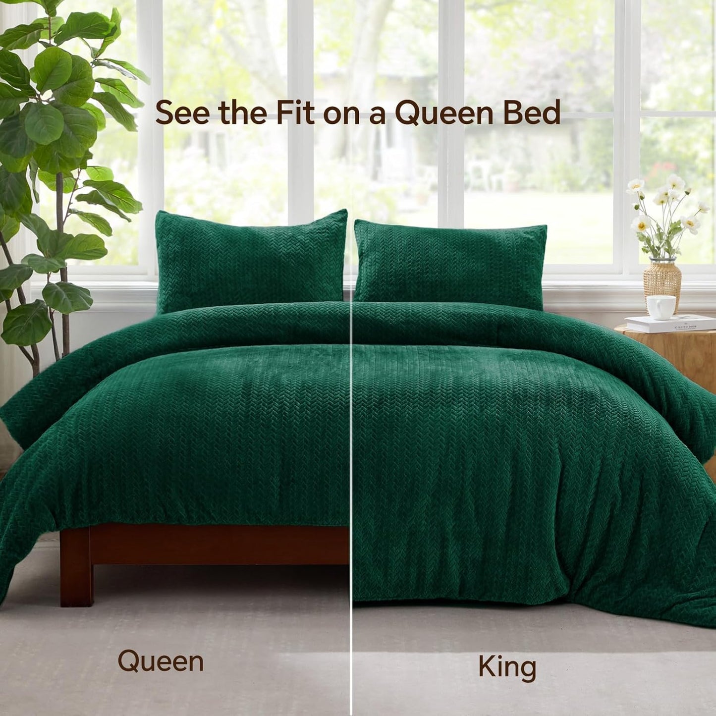 Dluxe Ave. ( FULL ) 3 Pcs Fluffy Comforter Set, Furry Leaves Pattern Faux Fur, Velvet Bedding, Green