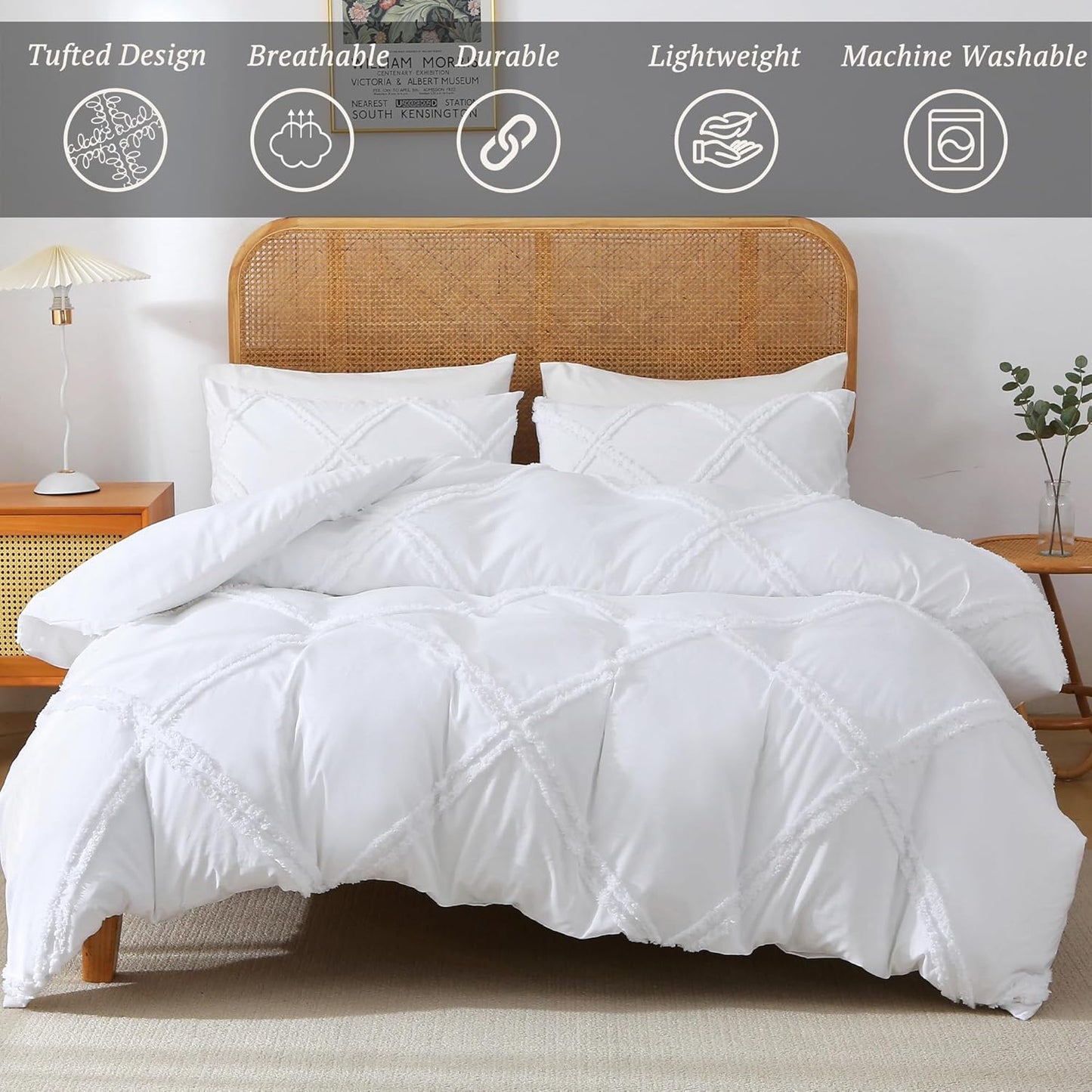 Dluxe Ave. ( QUEEN ) 3 Pcs Boho {Duvet Cover}, Tufted Comforter, Geometric Textured / White