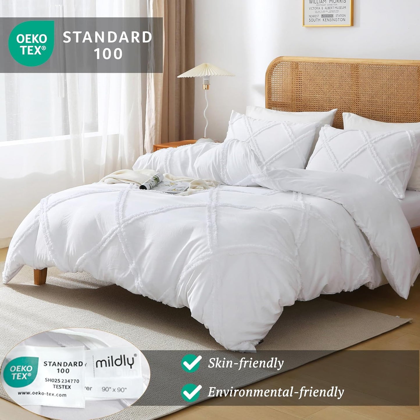 Dluxe Ave. ( QUEEN ) 3 Pcs Boho {Duvet Cover}, Tufted Comforter, Geometric Textured / White