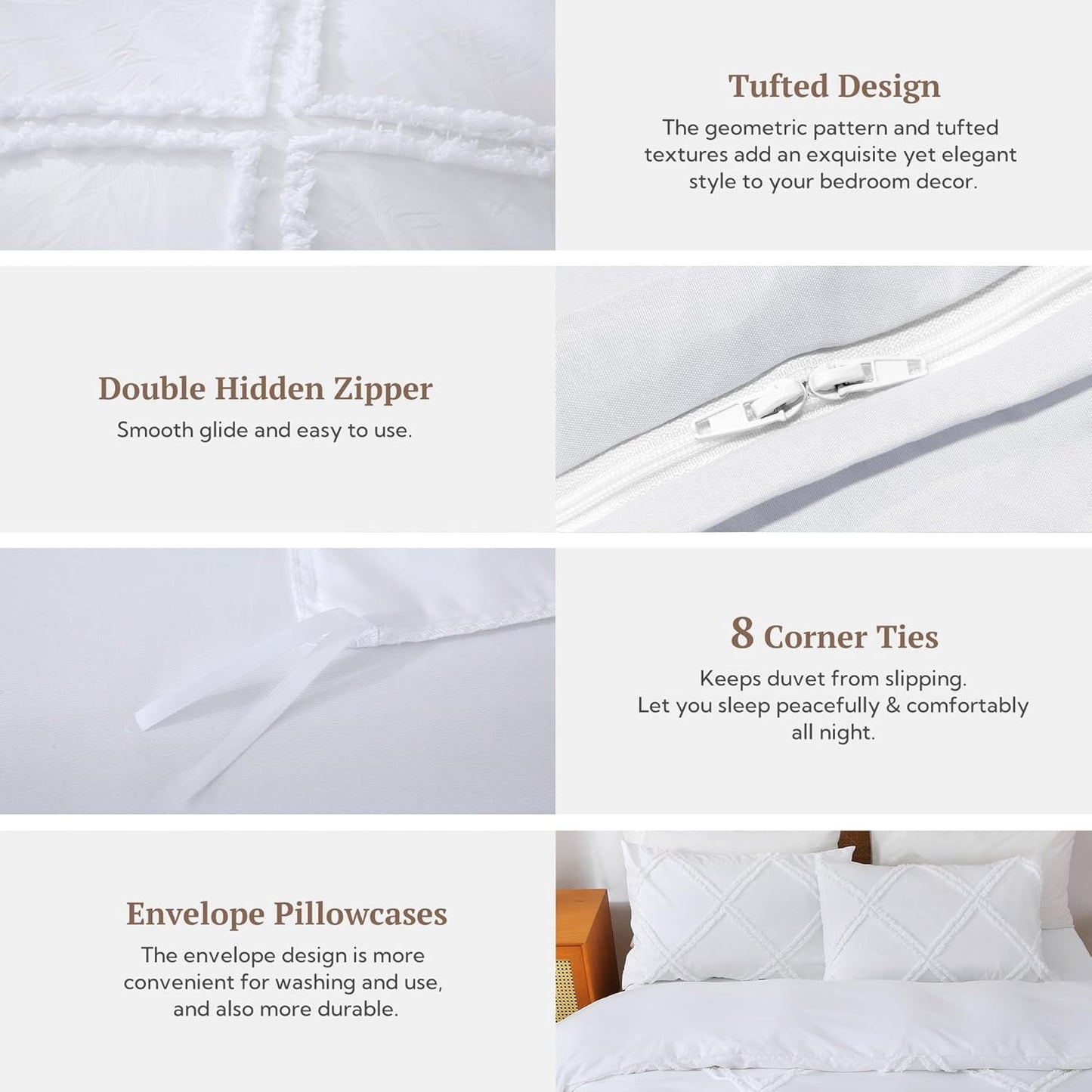 Dluxe Ave. ( QUEEN ) 3 Pcs Boho {Duvet Cover}, Tufted Comforter, Geometric Textured / White