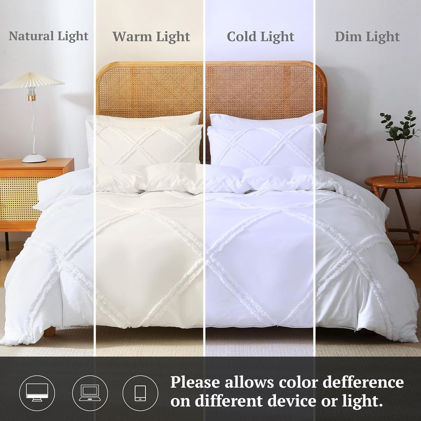 Dluxe Ave. ( QUEEN ) 3 Pcs Boho {Duvet Cover}, Tufted Comforter, Geometric Textured / White
