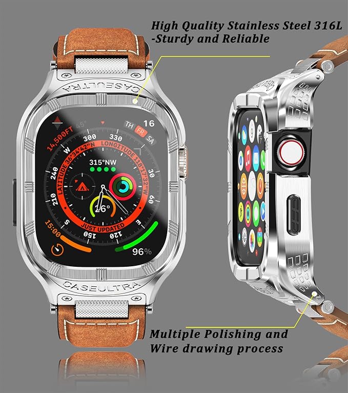 Dluxe Ave. Caseultra Stainless Steel Case with Band Compatible with Apple Watch Bands 45mm for MenVintage Genuine Leather Strap with Metal Bumper Cover for iWatch Band Series 9 8 7Brown