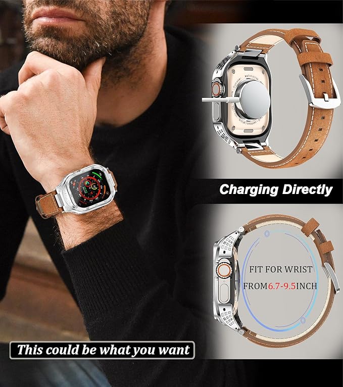 Dluxe Ave. Caseultra Stainless Steel Case with Band Compatible with Apple Watch Bands 45mm for MenVintage Genuine Leather Strap with Metal Bumper Cover for iWatch Band Series 9 8 7Brown