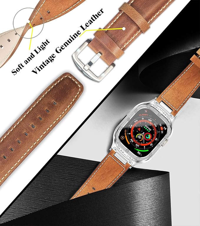 Dluxe Ave. Caseultra Stainless Steel Case with Band Compatible with Apple Watch Bands 45mm for MenVintage Genuine Leather Strap with Metal Bumper Cover for iWatch Band Series 9 8 7Brown
