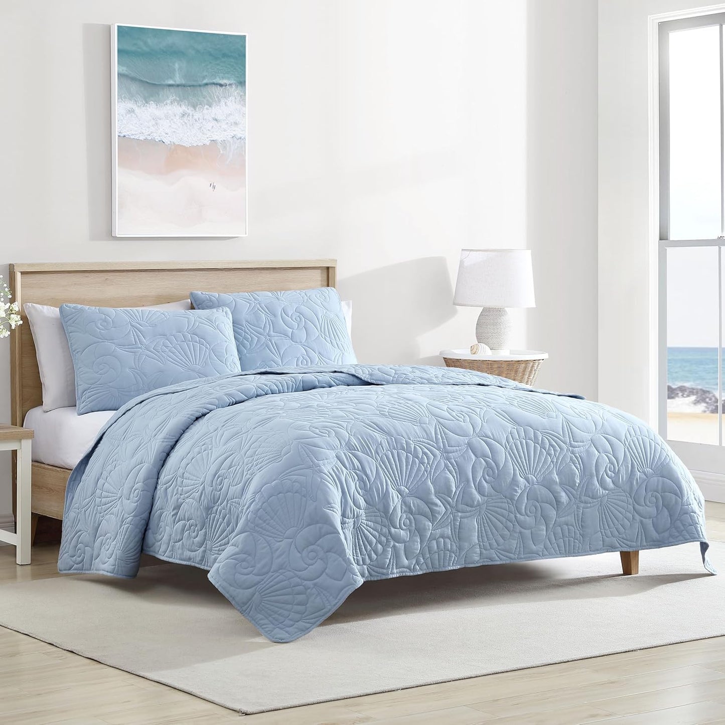 Out of Stock Dluxe Ave. ( TWIN ) 2 Pcs Outlined Shell Quilt Set, Coastal Beach Design, Blue