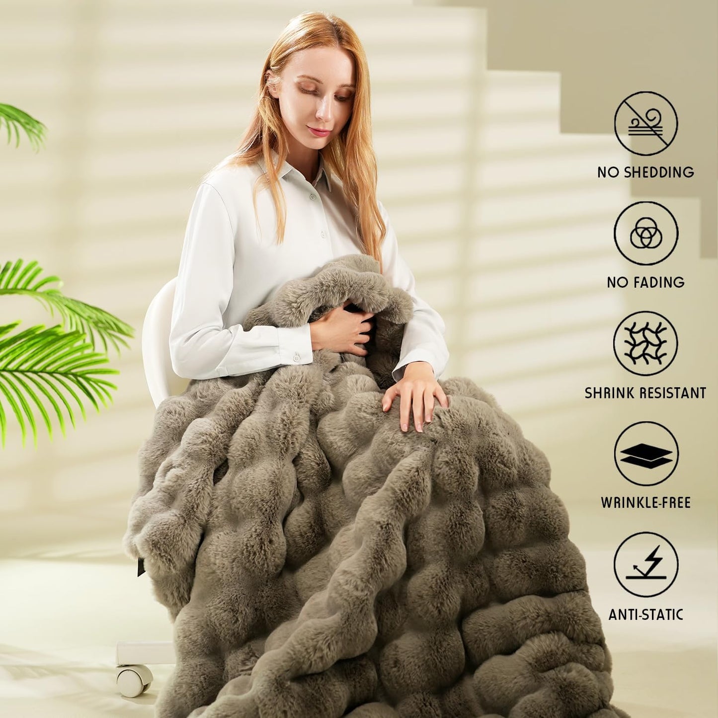 Dluxe Ave. ( TWIN ) Oversized Warm Thick Bubble Double Sided Plush/ Rabbit Faux Fur Throw Blanket/ /(Grey) 60 x 80