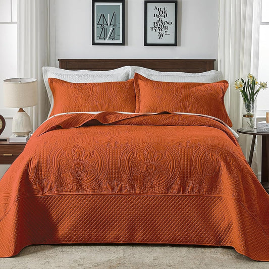 Dluxe Ave. ( CALI./ KING ) 3 Pcs Oversized Bedspread 120x120 Quilt, Soft Microfiber, Burnt Orange