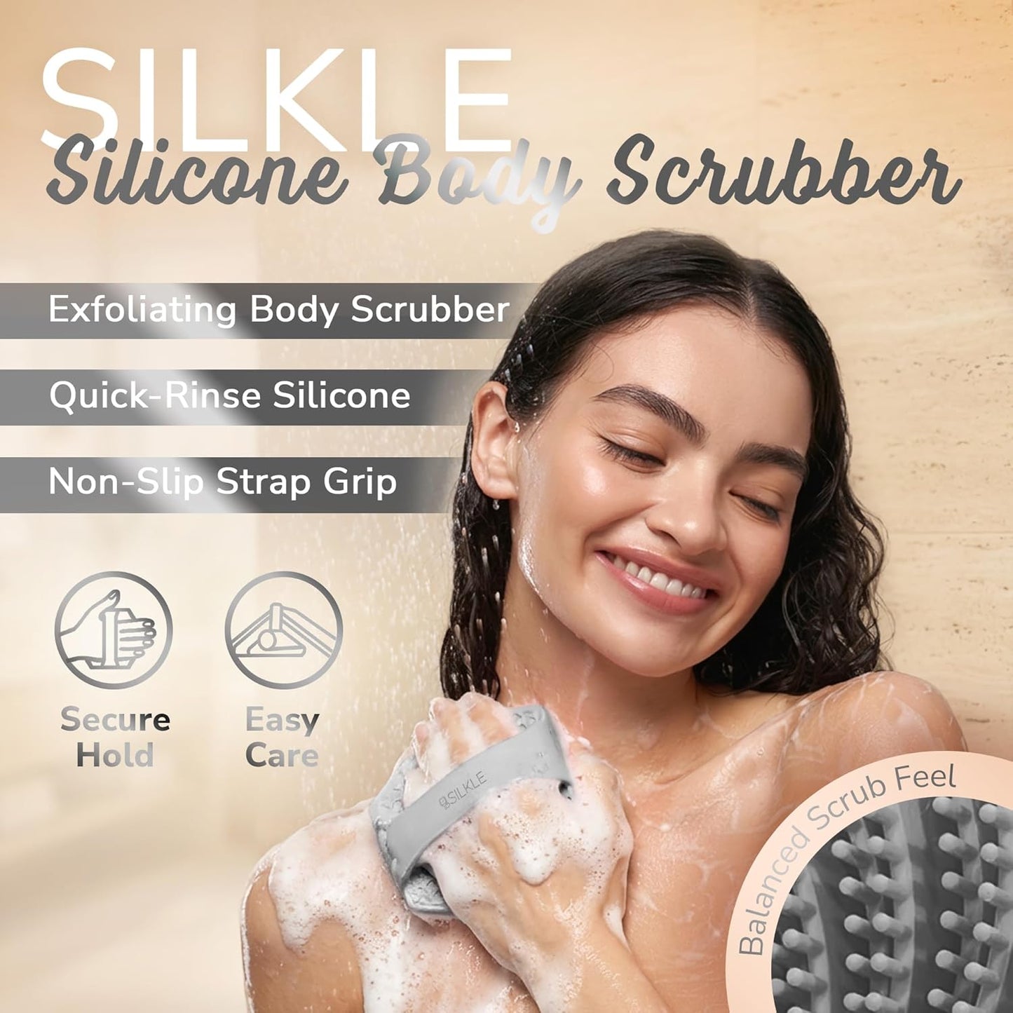 Dluxe Ave. SILKLE Silicone Body Scrubber - Exfoliating Bath Brush and Skin Cleanser - Shower Sponge for Gentle Body Scrub and Wash Gray