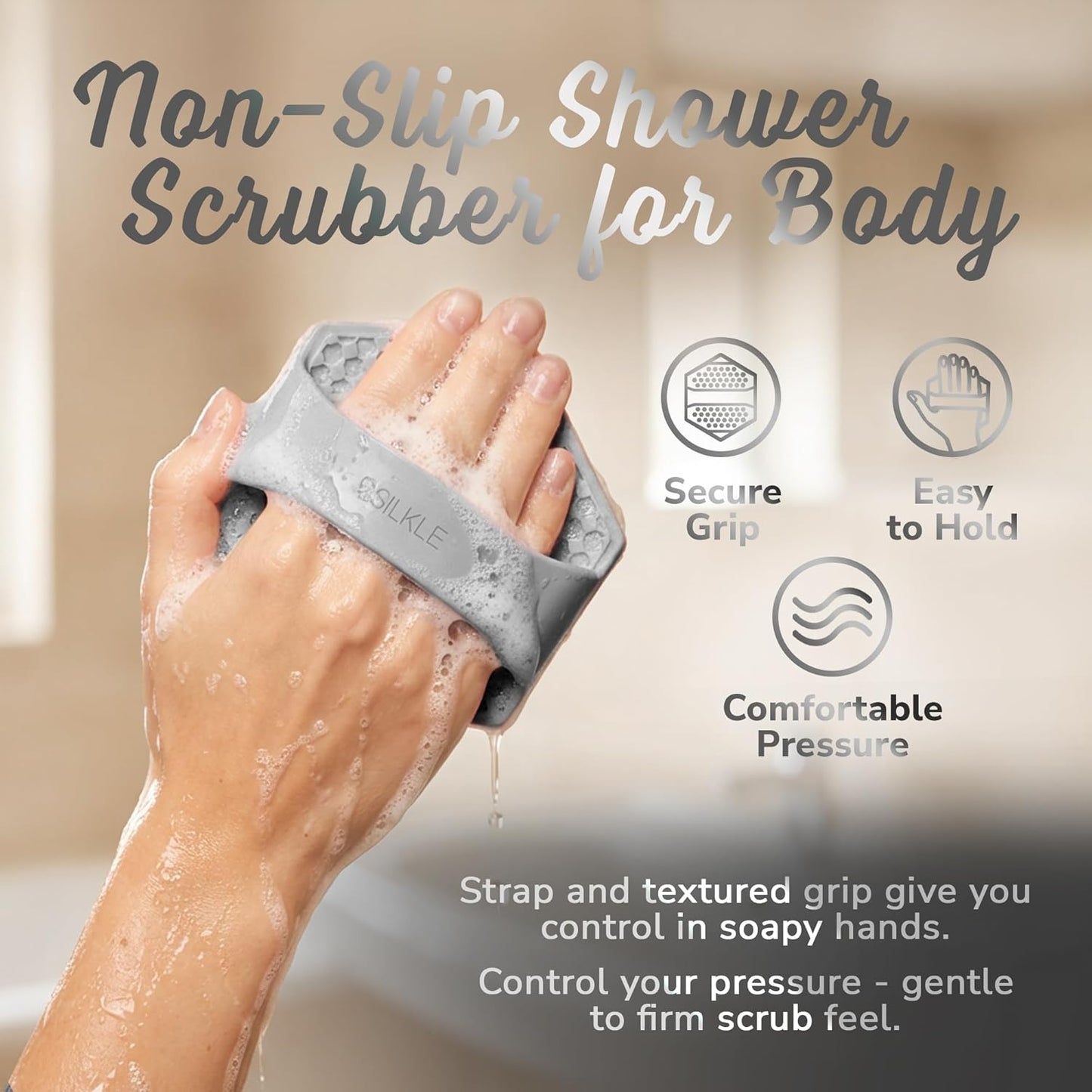 Dluxe Ave. SILKLE Silicone Body Scrubber - Exfoliating Bath Brush and Skin Cleanser - Shower Sponge for Gentle Body Scrub and Wash Gray