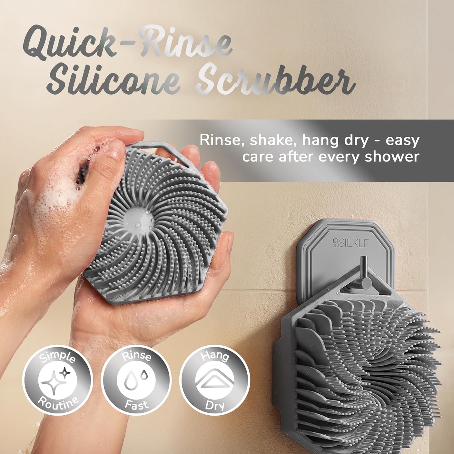Dluxe Ave. SILKLE Silicone Body Scrubber - Exfoliating Bath Brush and Skin Cleanser - Shower Sponge for Gentle Body Scrub and Wash Gray