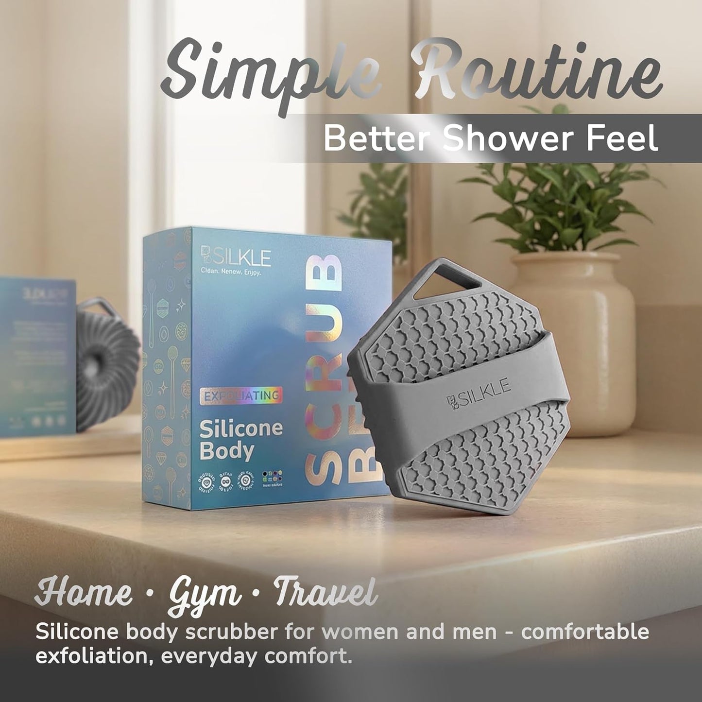 Dluxe Ave. SILKLE Silicone Body Scrubber - Exfoliating Bath Brush and Skin Cleanser - Shower Sponge for Gentle Body Scrub and Wash Gray