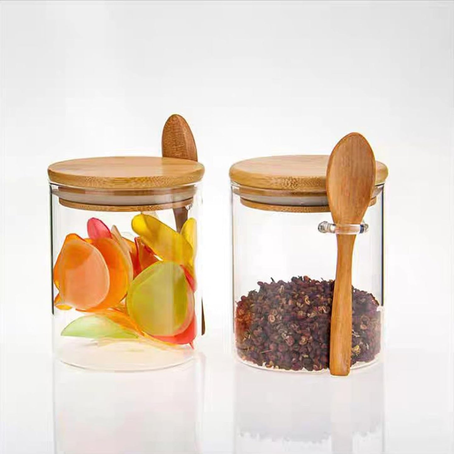 Dluxe Ave. Sugar Jar Glass Salt Container - 17.95oz Clear Airtight with Bamboo Lid and Spoon Scoop, Food Organizer Set of 2